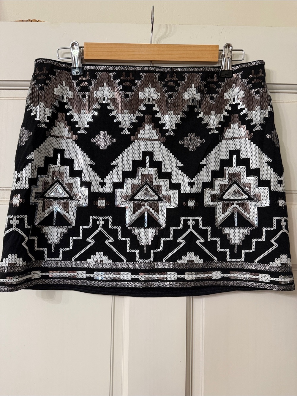 Express Black Mini Skirt with Silver Sequin Geometric Pattern